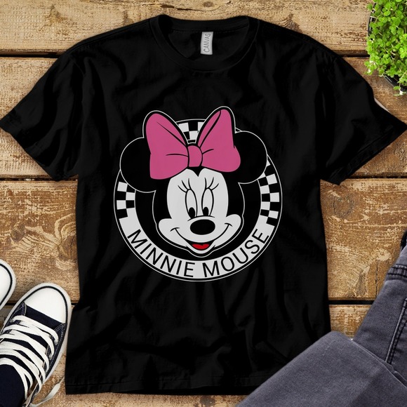 Disney Minnie Mouse Face Mickey And Friends Checkerboard Circle Unisex T-shirt - Picture 1 of 2